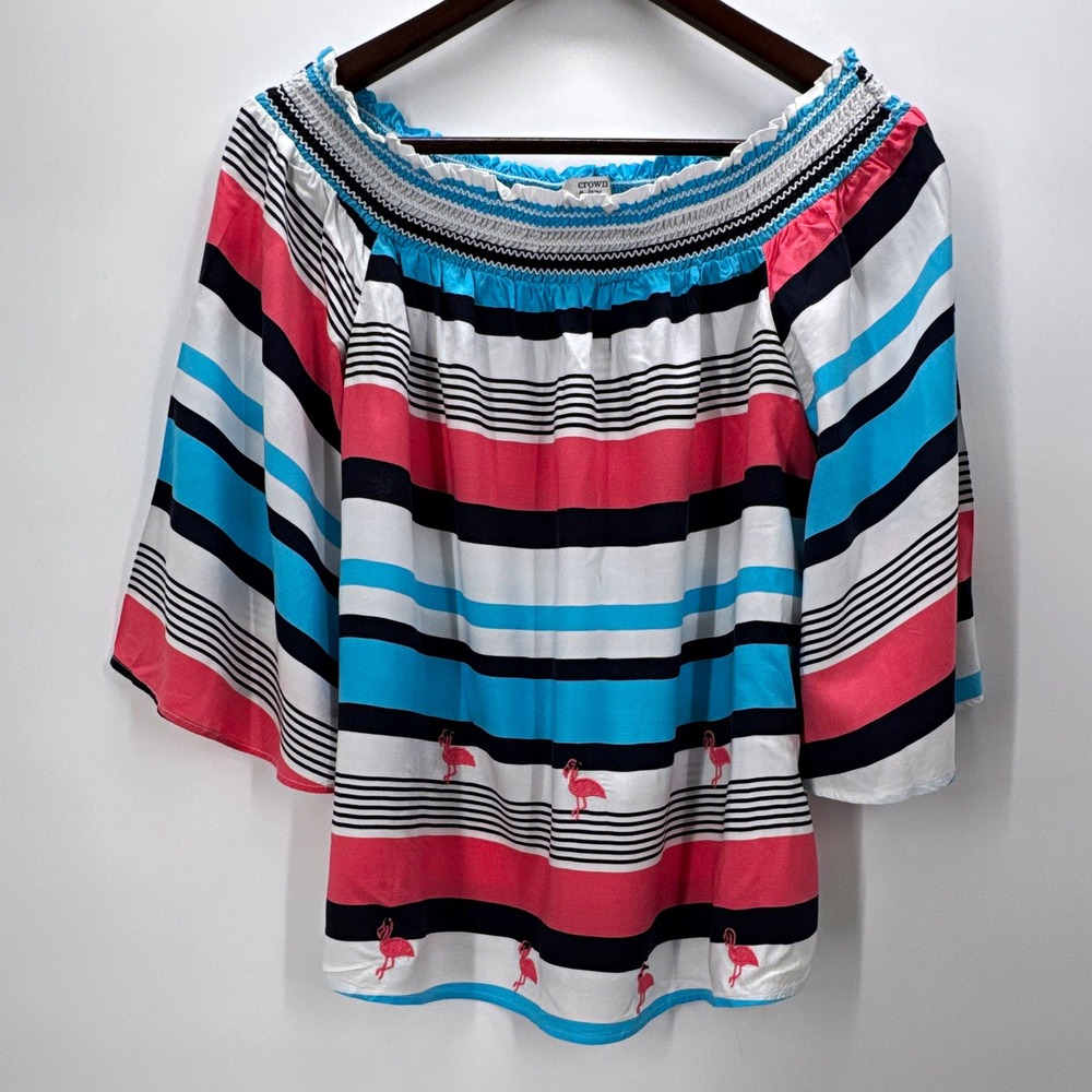 Crown & Ivy Womens S Multicolor Striped Off-Shoulder Blouse Embroidered Flamingo